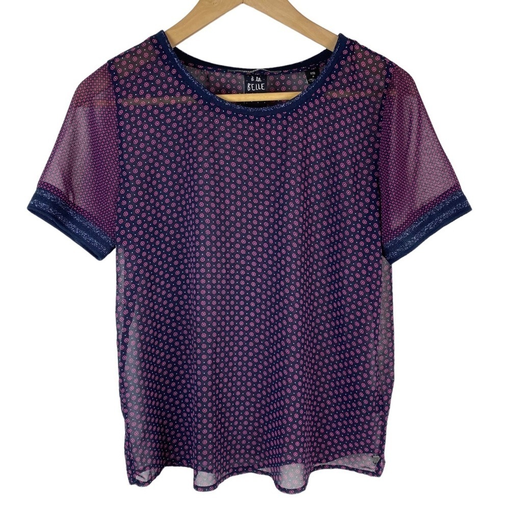 Maison Scotch & Soda Blouse Women Size Small Short Sleeve Floral Semi Sheer Blue